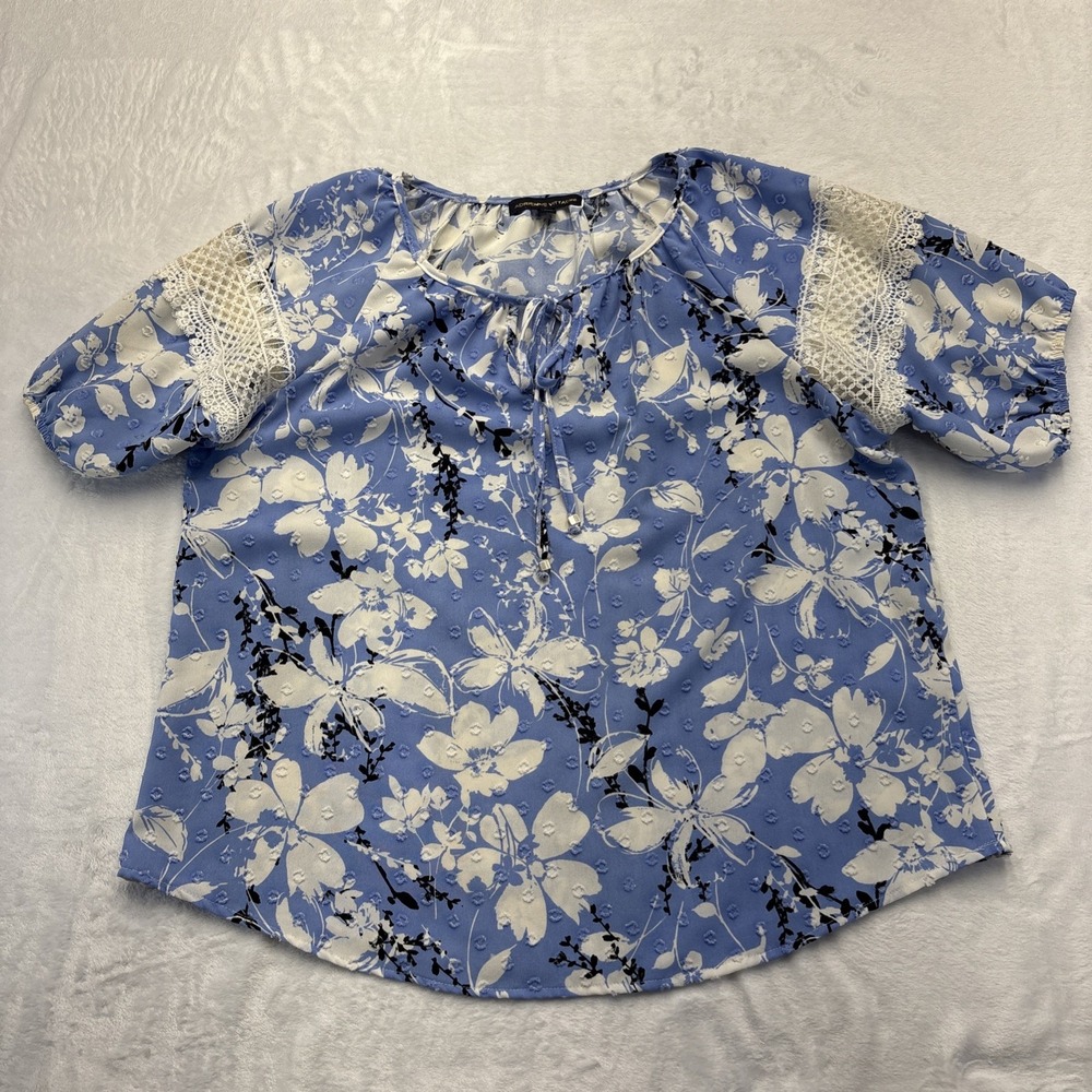 Adrienne Vittadini Top Womens Large Blue White Floral Short Sleeve Crochet